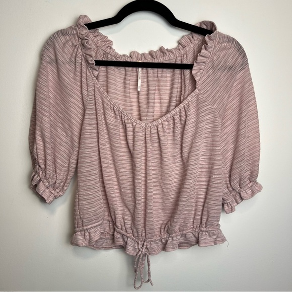 Free People Dorothy Ruched Puff Sleeve Top | Pink Stripe | Size Medium - Picture 2 of 4